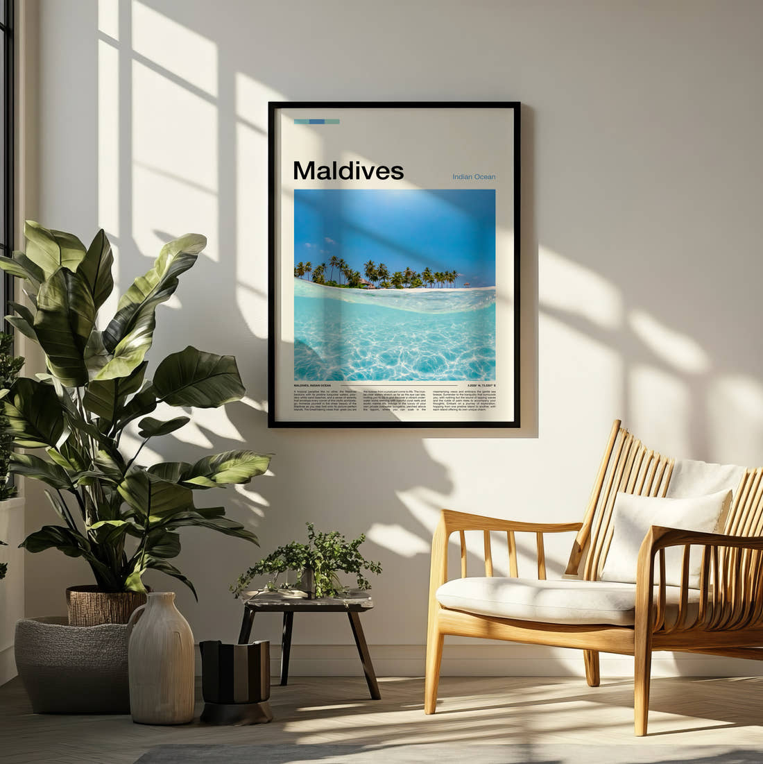 Maldives Half Underwater View Travel Print framed on a pale wall beside houseplants