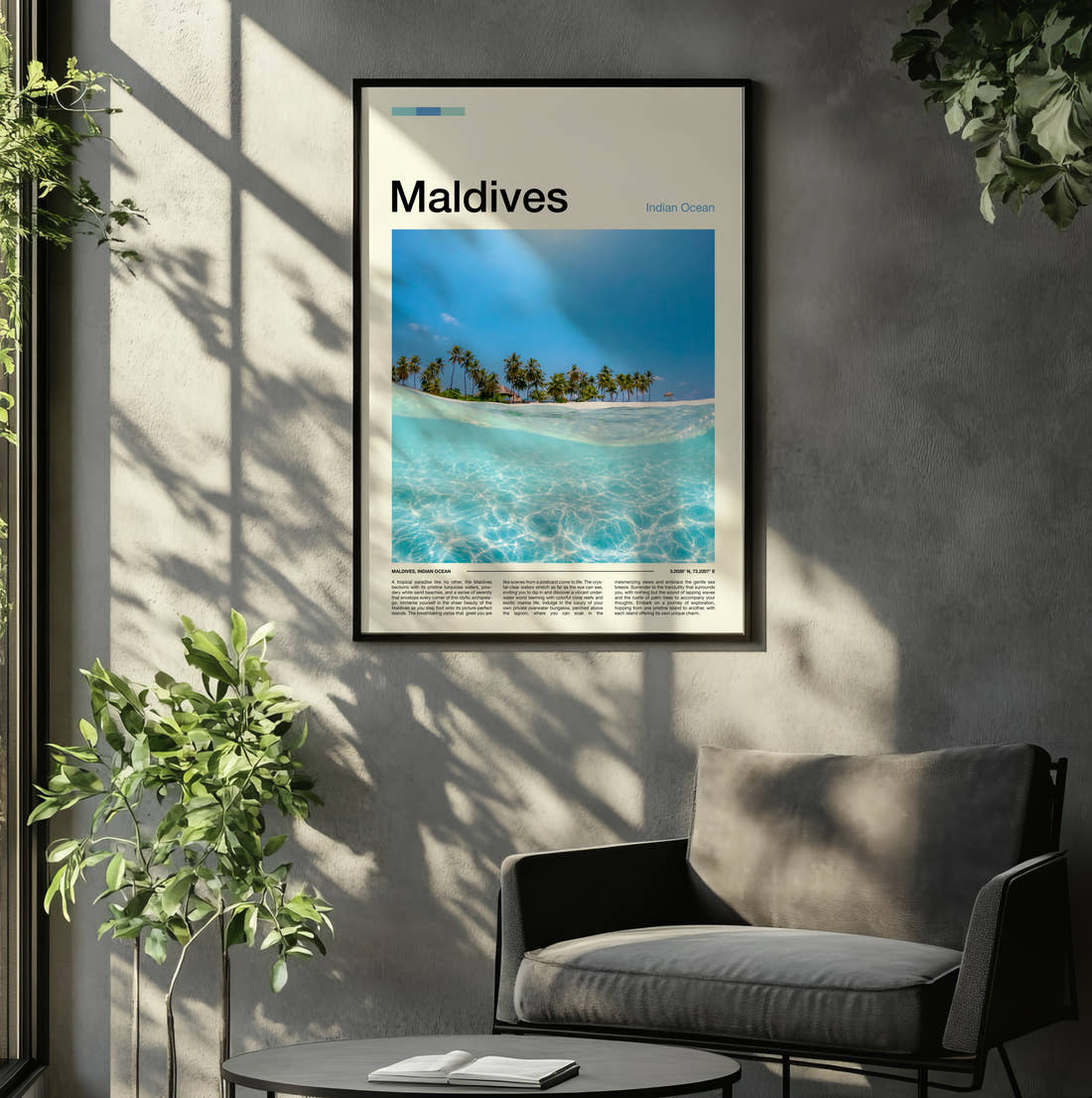 Maldives Half Underwater View Travel Print framed on the wall of a relaxed living room