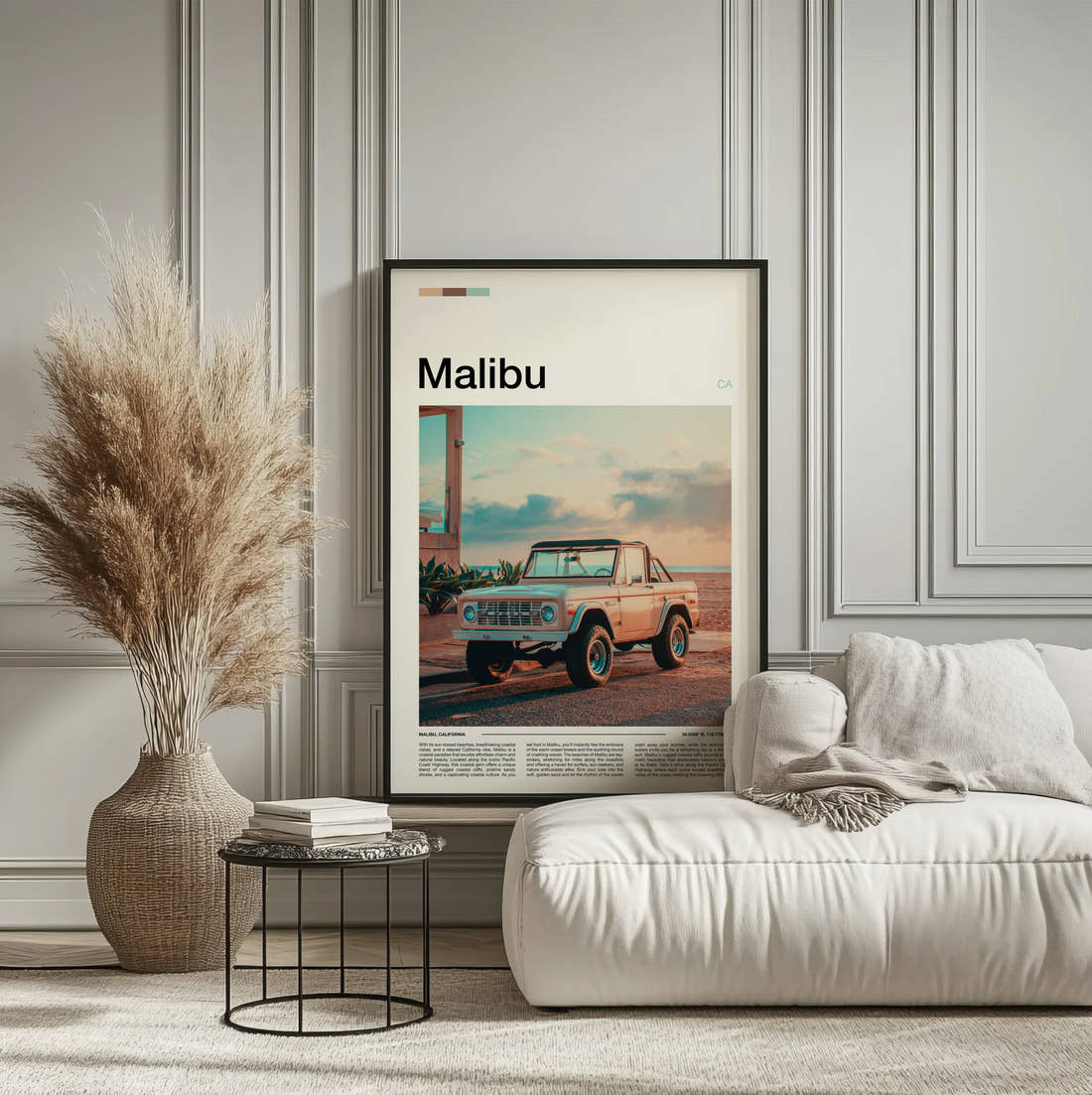 Malibu Vintage Pickup Truck Travel Print framed on the wall of a calm, neutral bedroom