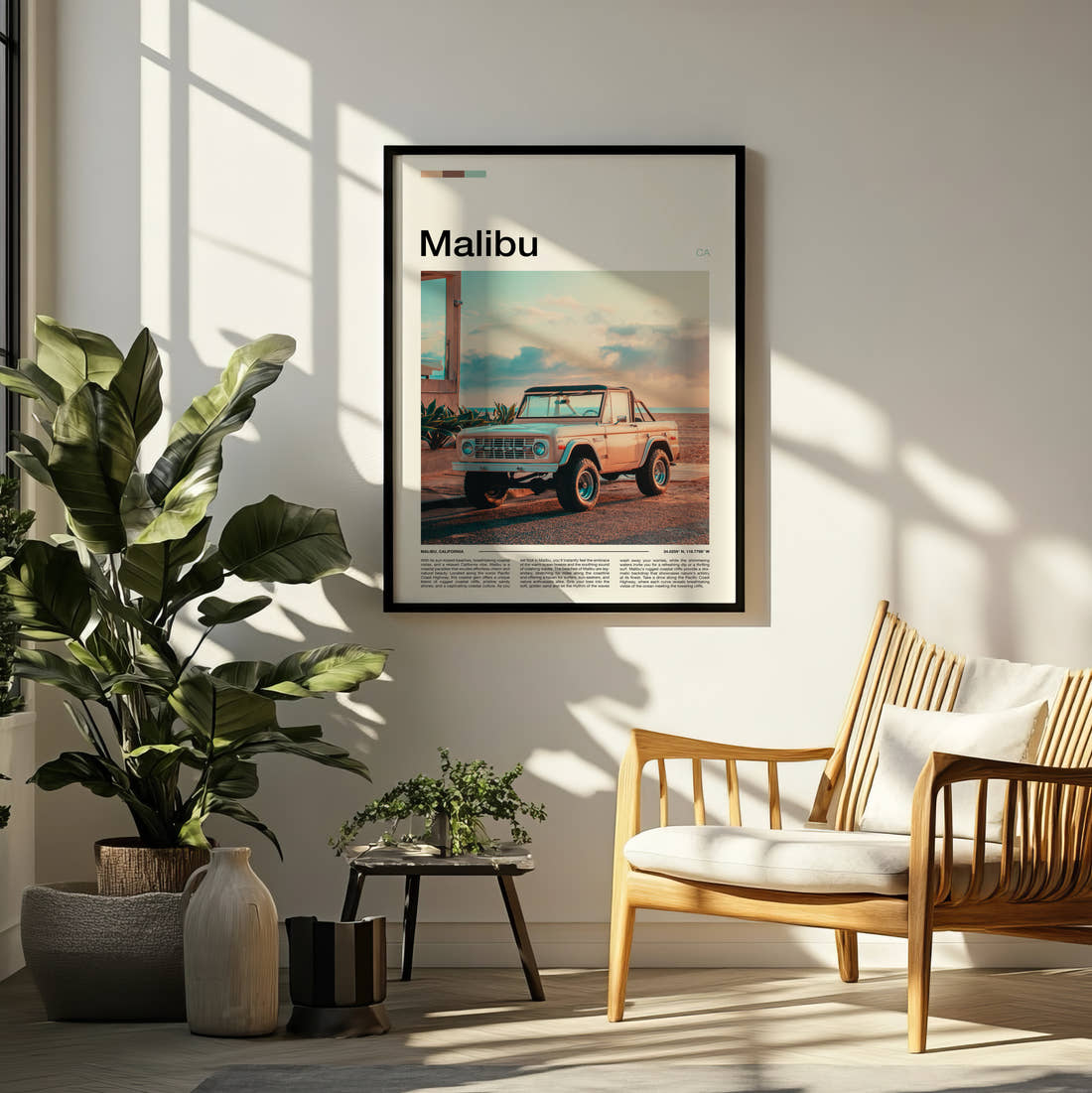 Malibu Vintage Pickup Truck Travel Print framed on a pale wall beside houseplants