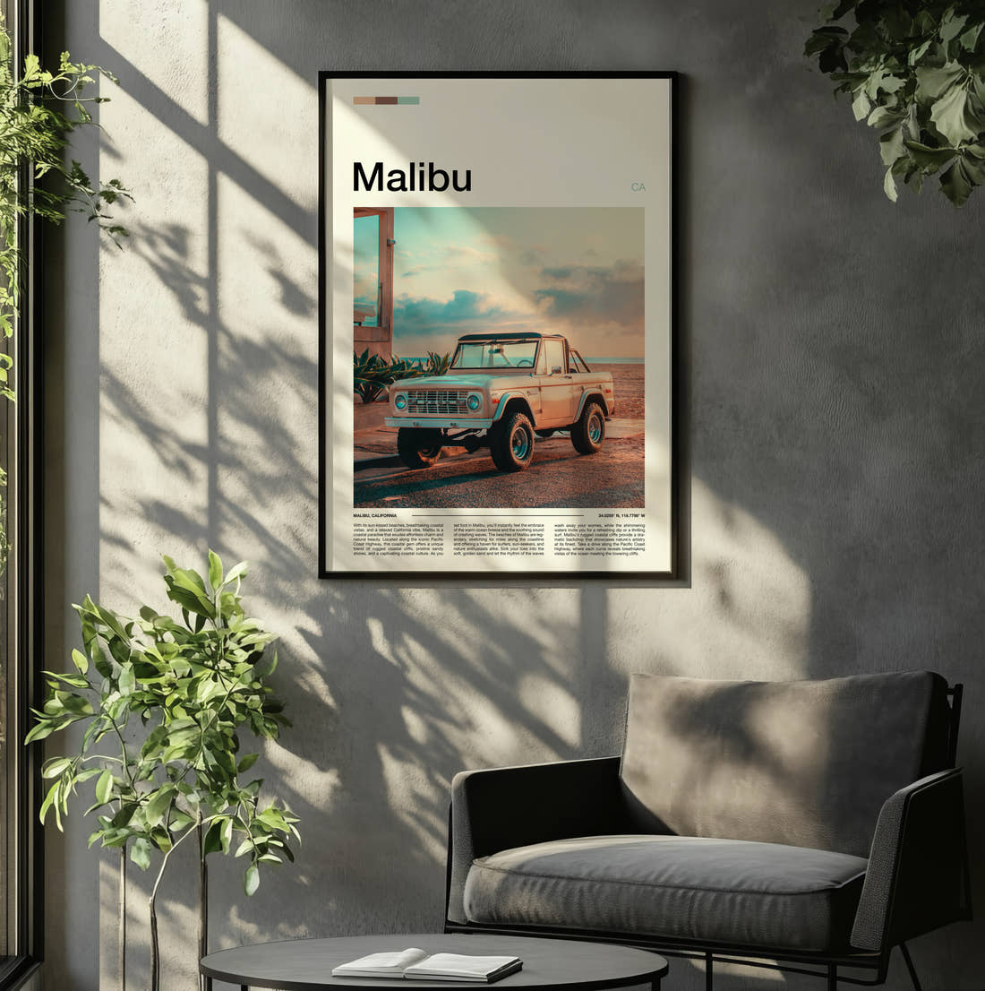 Malibu Vintage Pickup Truck Travel Print framed on the wall of a relaxed living room