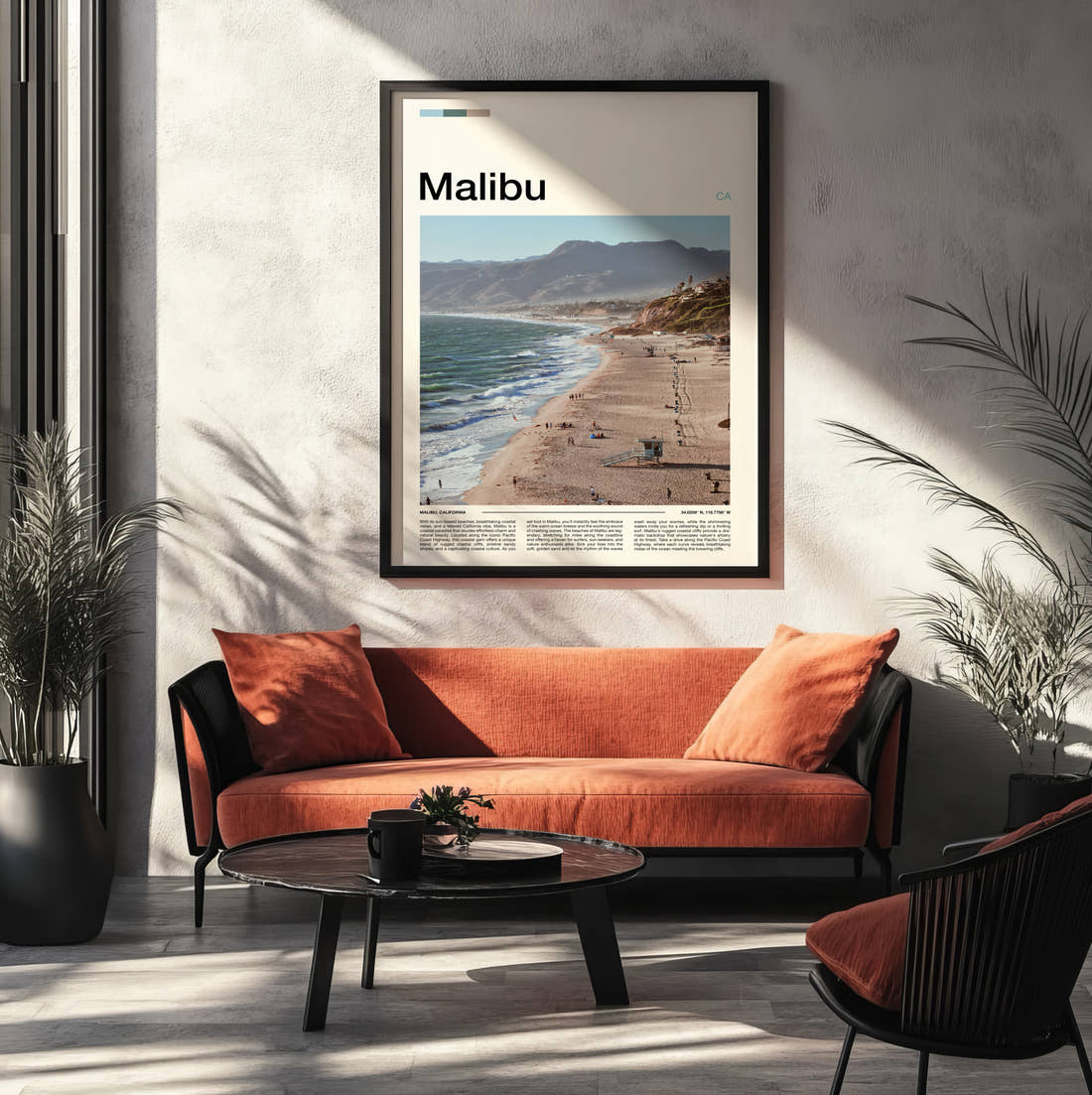 Malibu Beach And Coastal Hills Travel Print framed on the wall of a modern living room