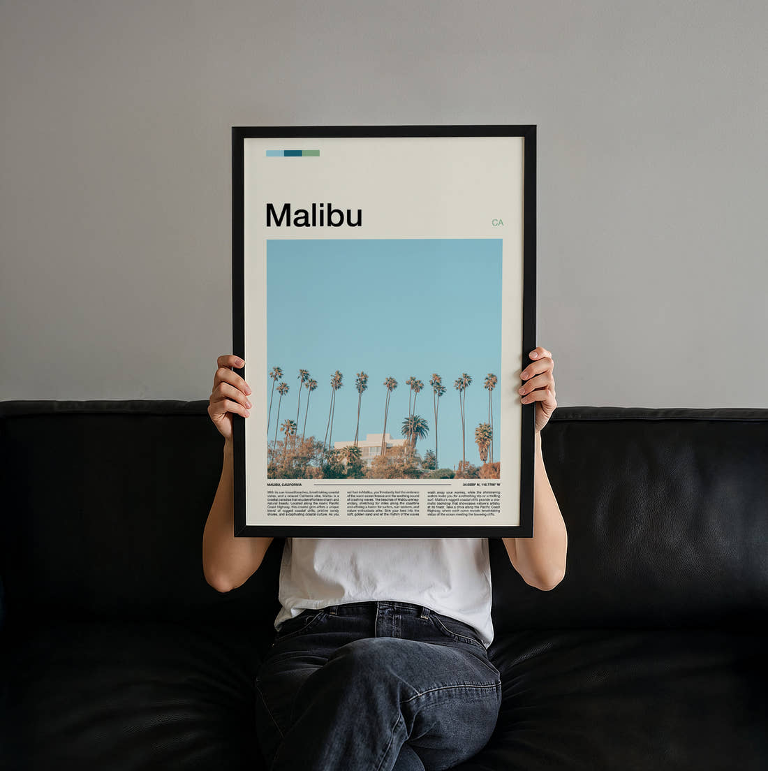 Malibu Row Of Palm Trees Travel Print held up by hand to show the size of the print