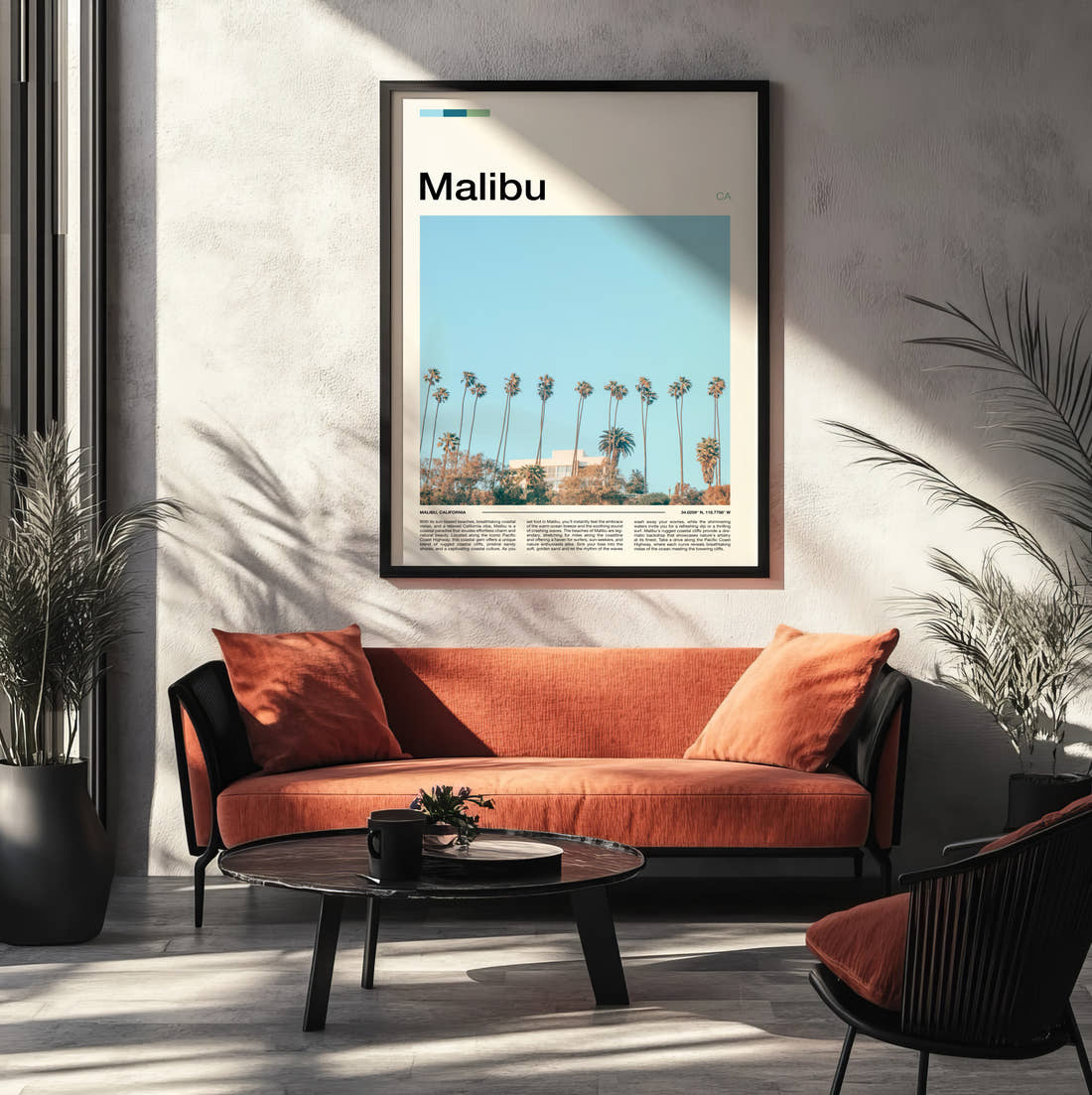 Malibu Row Of Palm Trees Travel Print framed on the wall of a modern living room