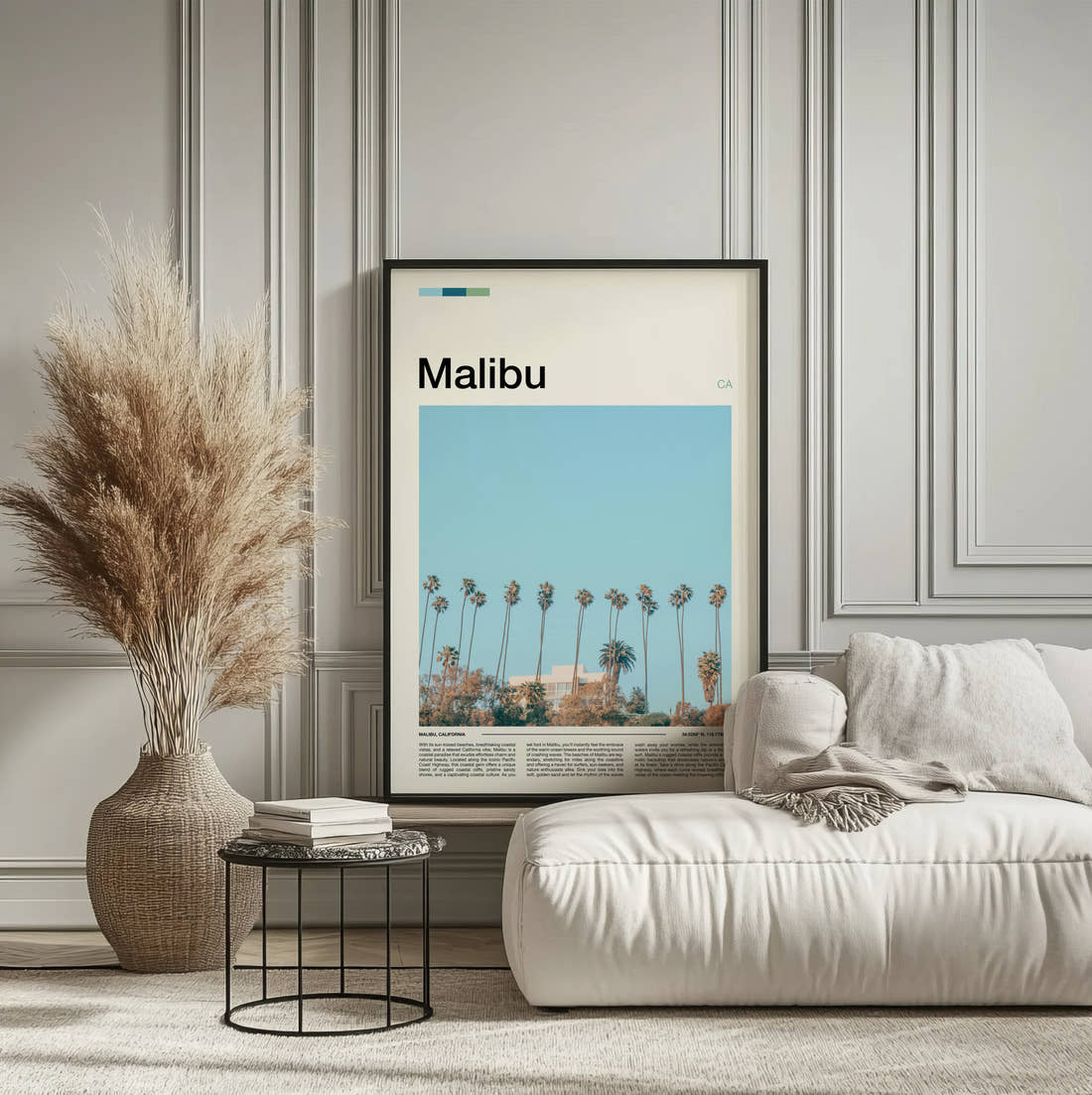 Malibu Row Of Palm Trees Travel Print framed on the wall of a calm, neutral bedroom