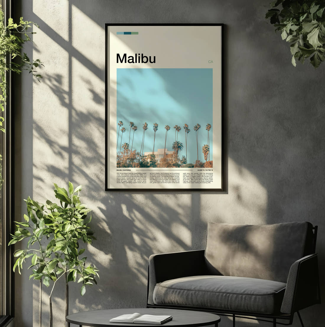 Malibu Row Of Palm Trees Travel Print framed on the wall of a relaxed living room