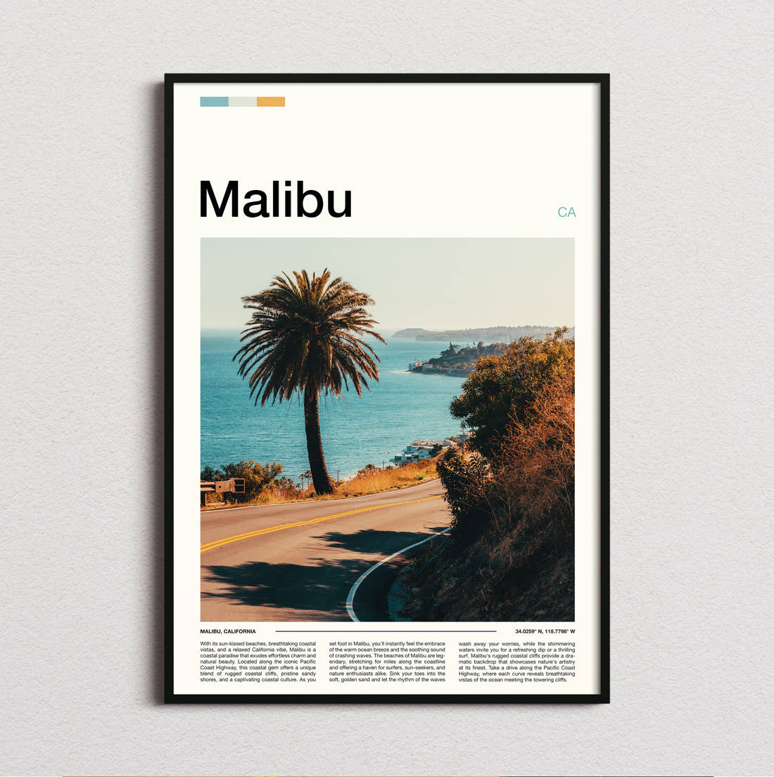 Malibu Coastal Road Travel Print framed and photographed straight on