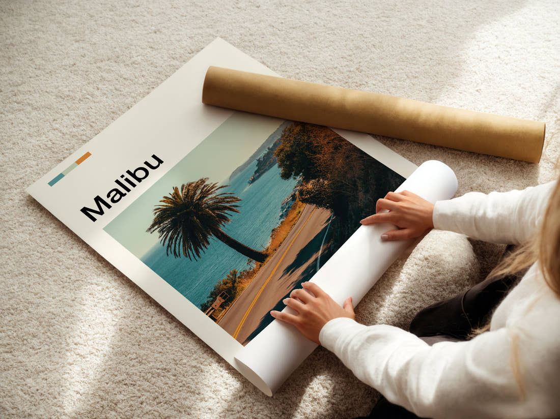 Malibu Coastal Road Travel Print being unrolled from its postal tube