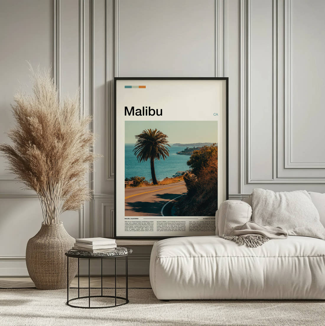 Malibu Coastal Road Travel Print framed on the wall of a calm, neutral bedroom