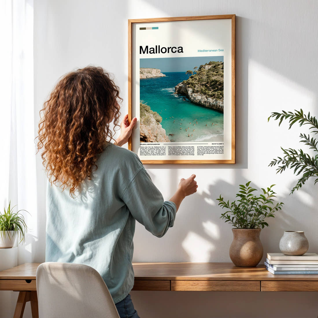 Mallorca Turquoise Cove Swimmers Travel Print framed on a pale wall beside houseplants