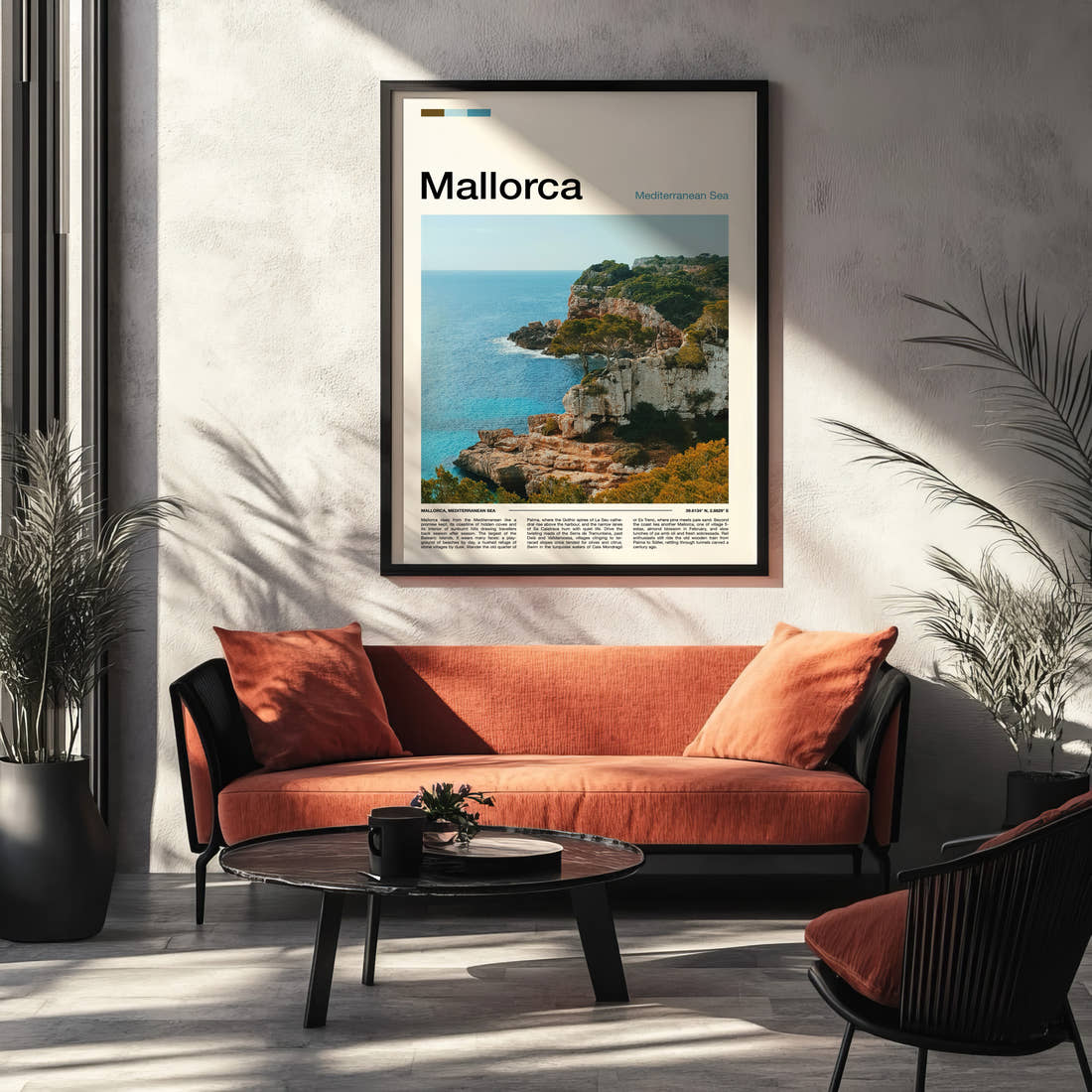 Mallorca Limestone Sea Cliffs Travel Print framed on the wall of a modern living room
