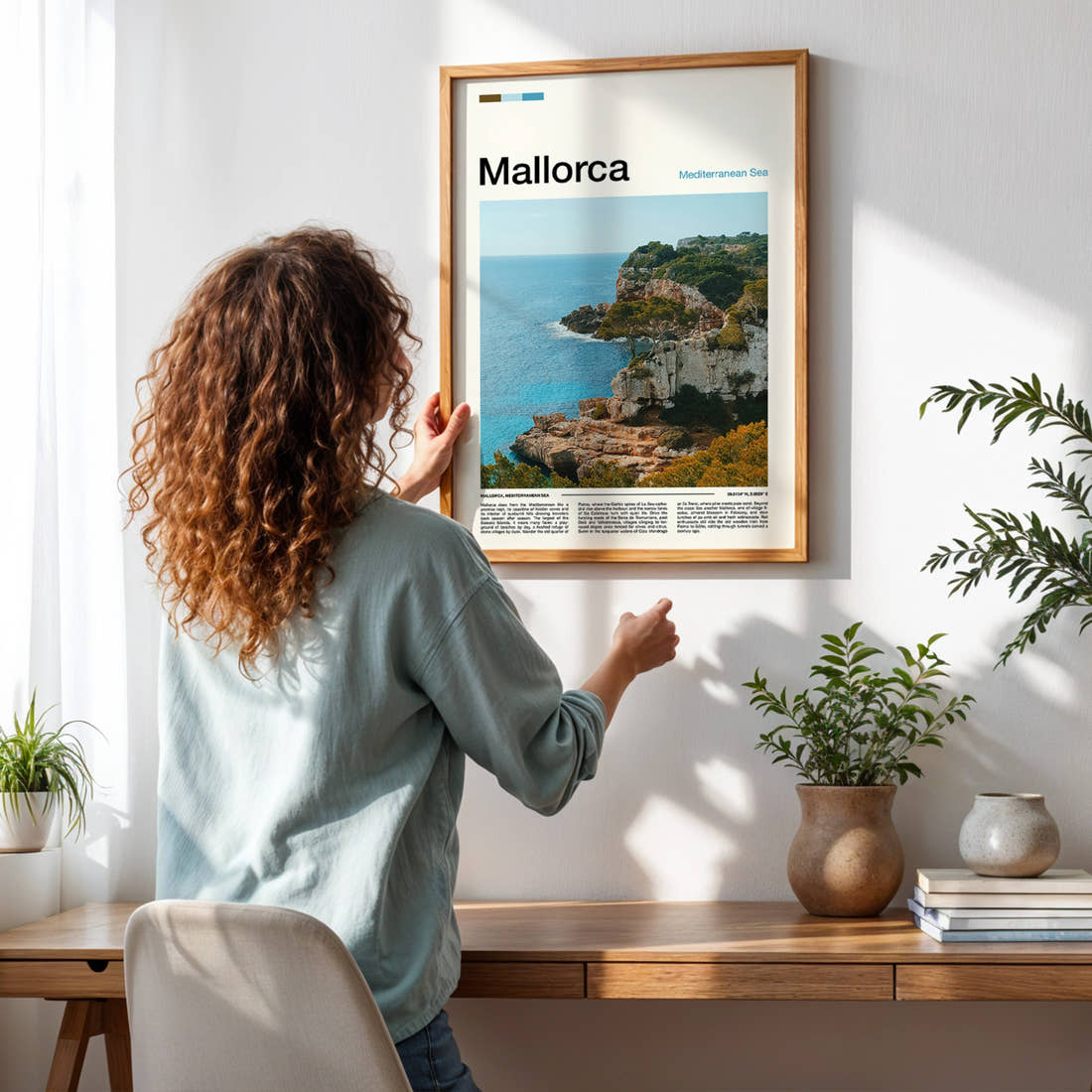 Mallorca Limestone Sea Cliffs Travel Print framed on a pale wall beside houseplants