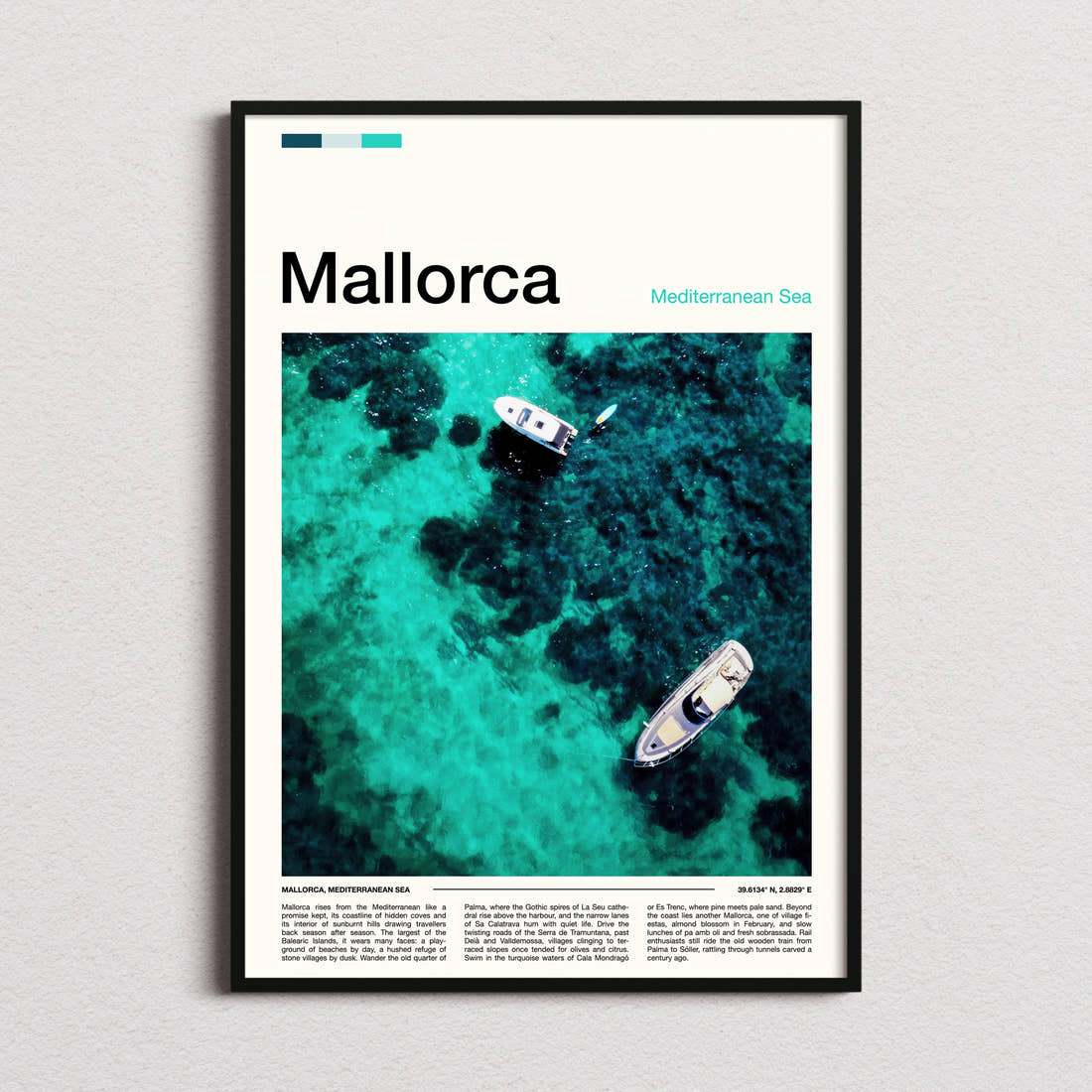 Mallorca Turquoise Water Aerial Travel Print framed and photographed straight on
