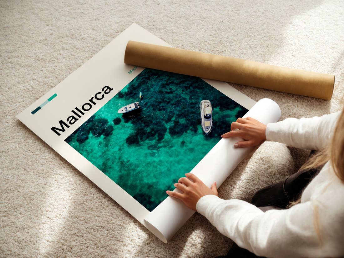 Mallorca Turquoise Water Aerial Travel Print being unrolled from its postal tube