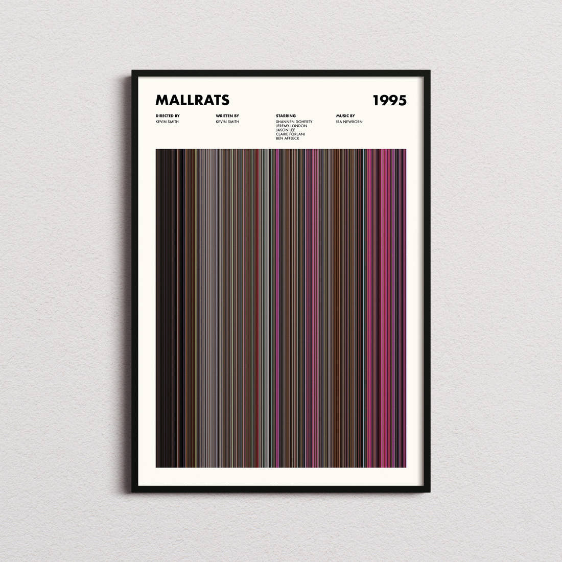 Mallrats Movie Barcode Poster framed on a plain studio wall