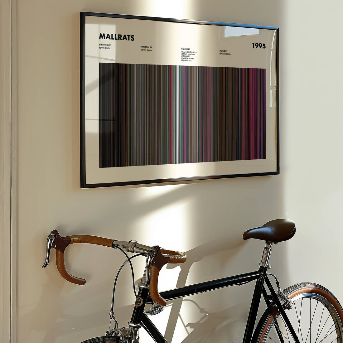 Mallrats Movie Barcode Poster framed on the wall of a styled room setting