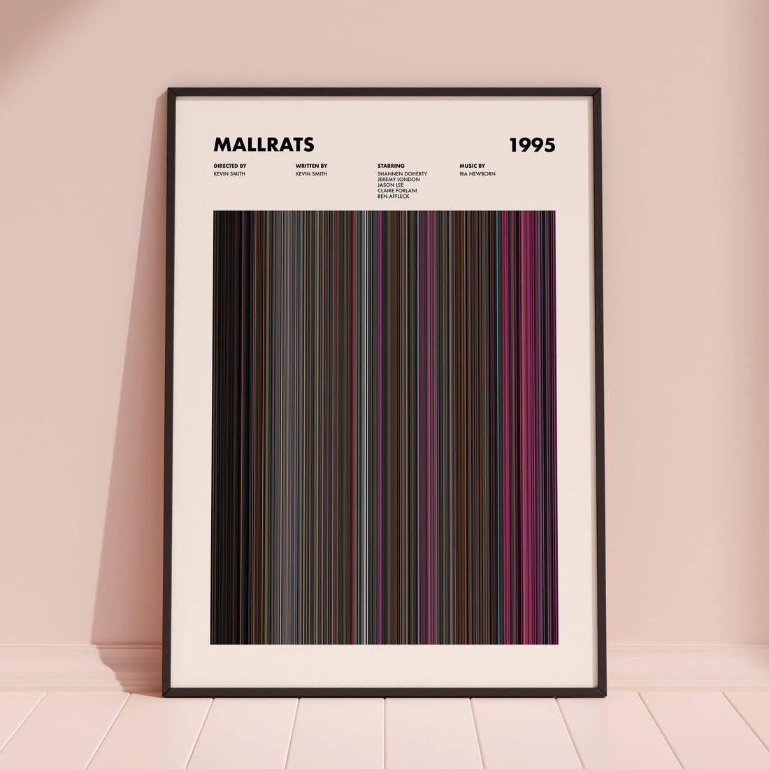 Mallrats Movie Barcode Poster framed and leaning against a coloured wall