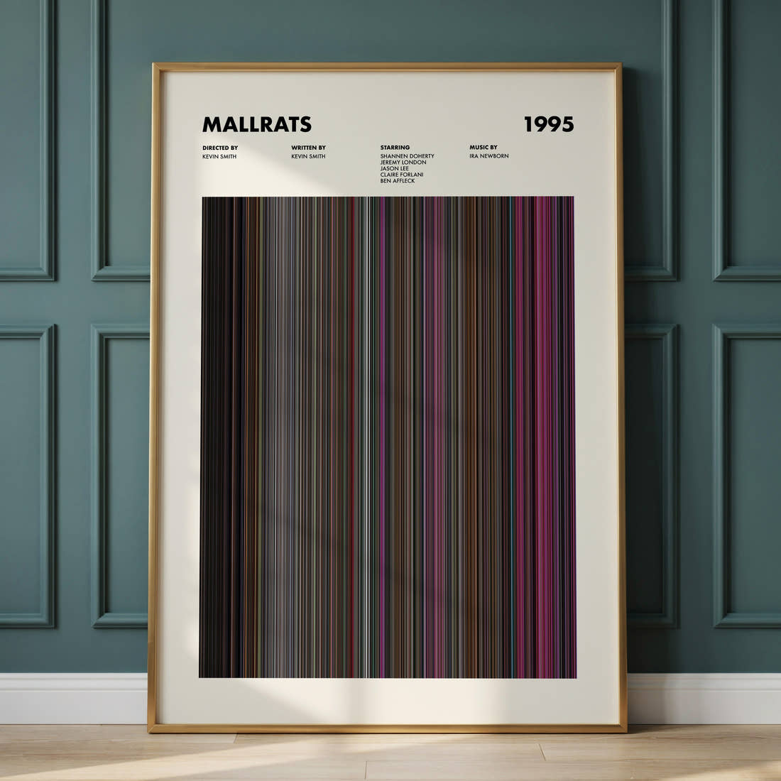 Mallrats Movie Barcode Poster framed and leaning against a panelled wall
