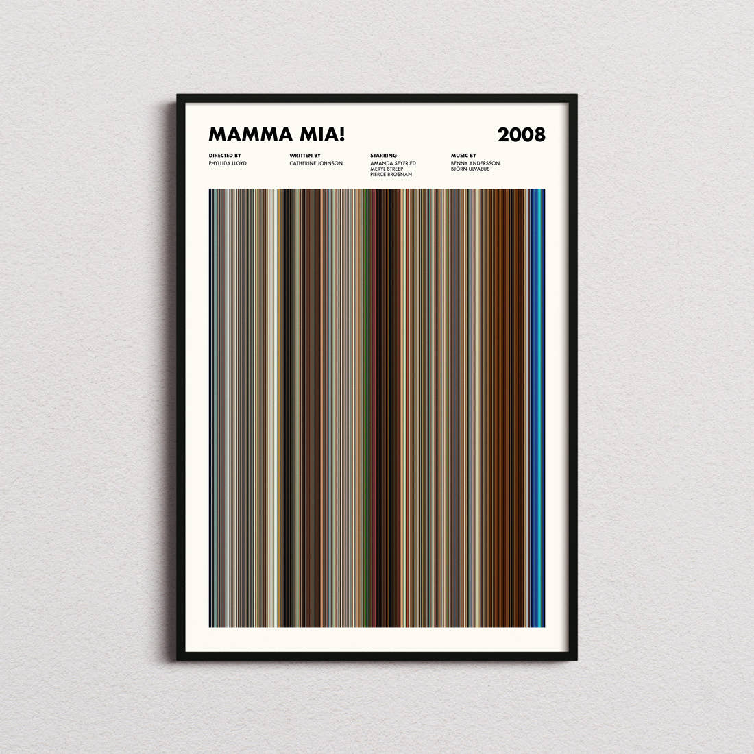 Mamma Mia! Movie Barcode Poster framed on a plain studio wall