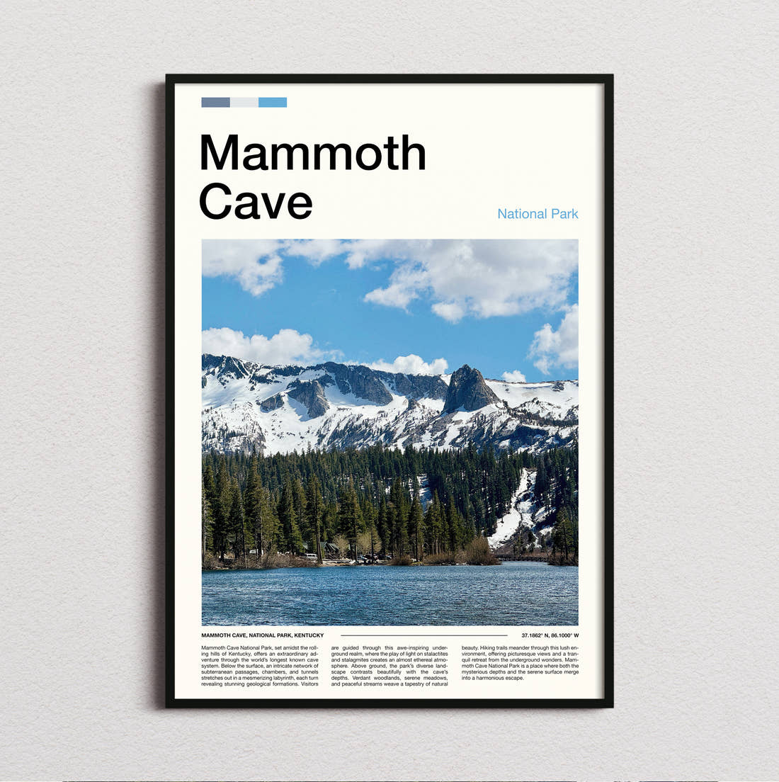 Mammoth Snowy Peaks Above Lake Travel Print framed and photographed straight on