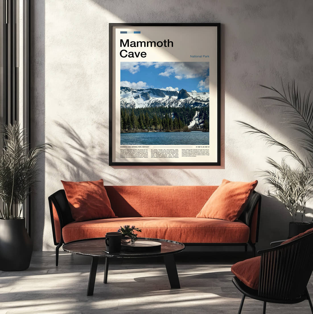 Mammoth Snowy Peaks Above Lake Travel Print framed on the wall of a modern living room