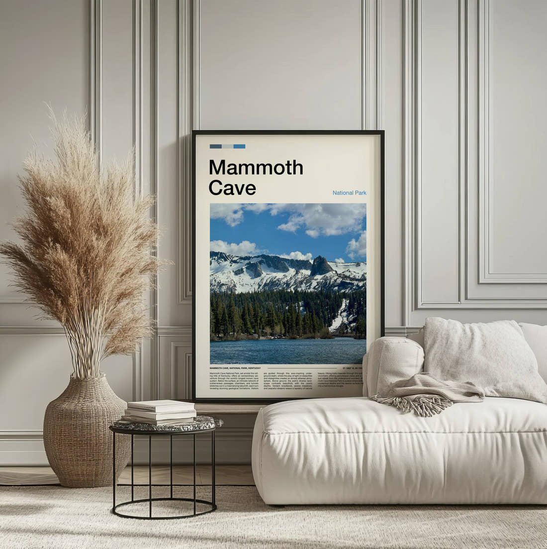 Mammoth Snowy Peaks Above Lake Travel Print framed on the wall of a calm, neutral bedroom