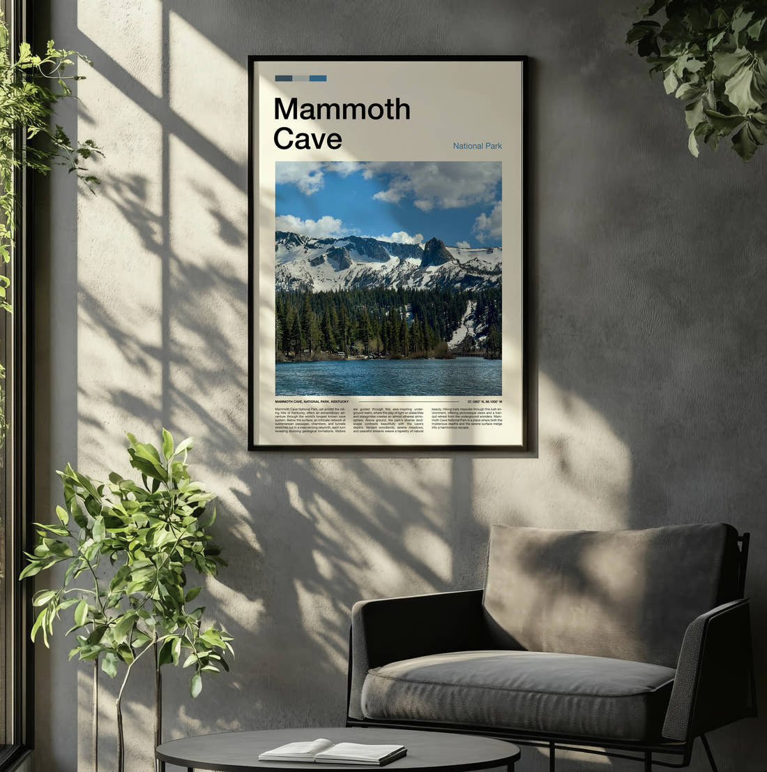 Mammoth Snowy Peaks Above Lake Travel Print framed on the wall of a relaxed living room