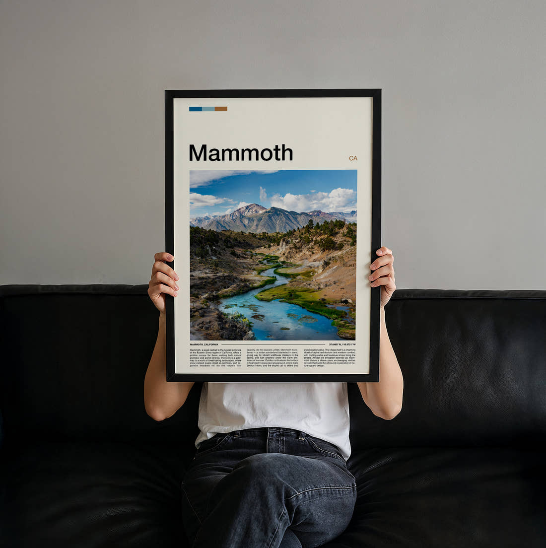 Mammoth Creek Through Colourful Hills Travel Print held up by hand to show the size of the print