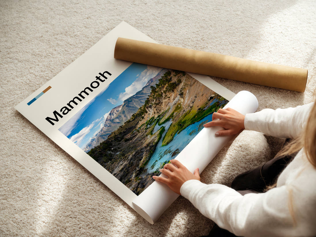 Mammoth Creek Through Colourful Hills Travel Print being unrolled from its postal tube