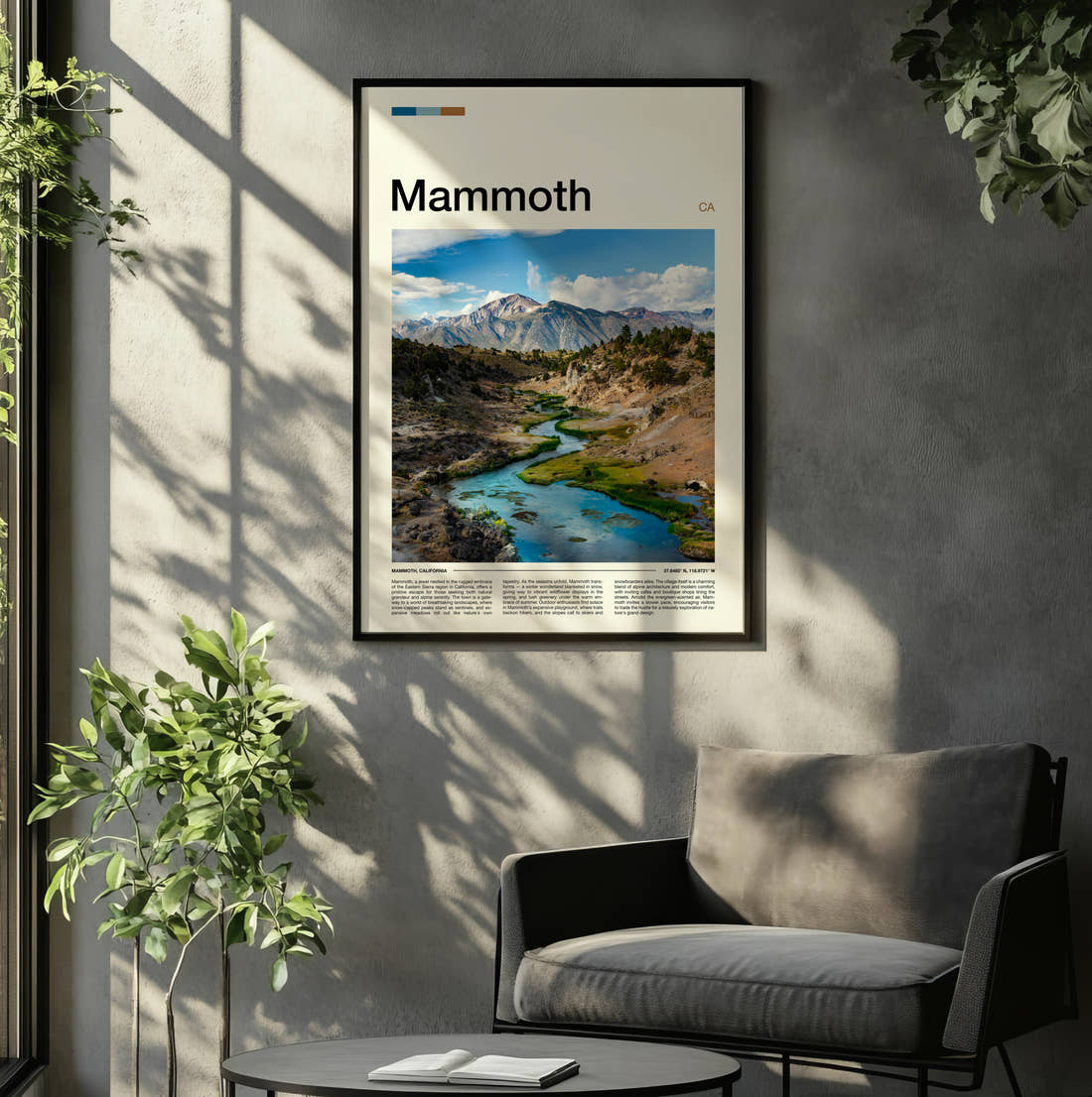 Mammoth Creek Through Colourful Hills Travel Print framed on the wall of a relaxed living room