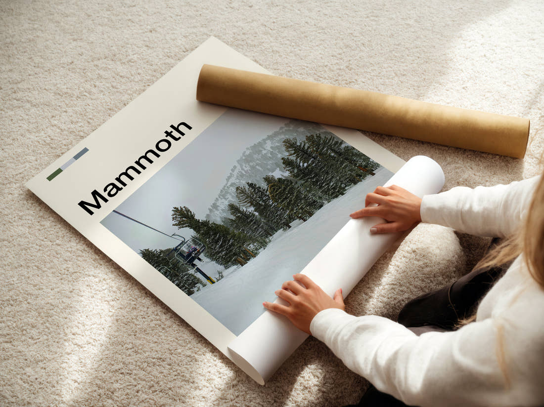 Mammoth Ski Lift Travel Print being unrolled from its postal tube