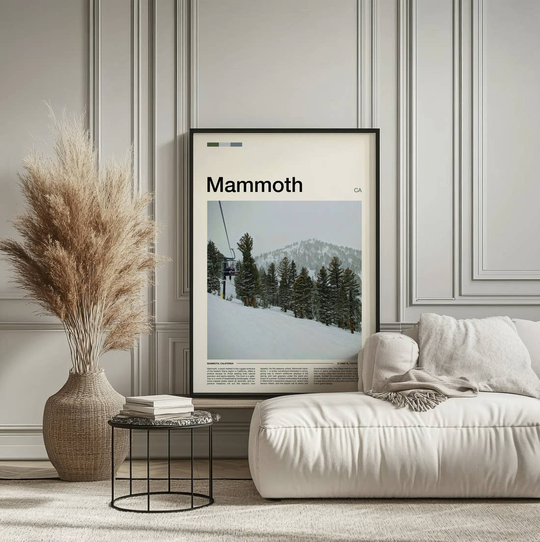 Mammoth Ski Lift Travel Print framed on the wall of a calm, neutral bedroom