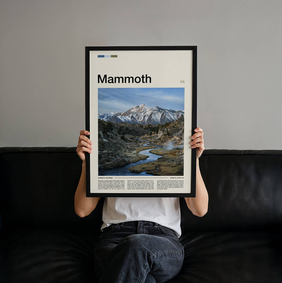 Mammoth Snowy Mountains And River Travel Print held up by hand to show the size of the print
