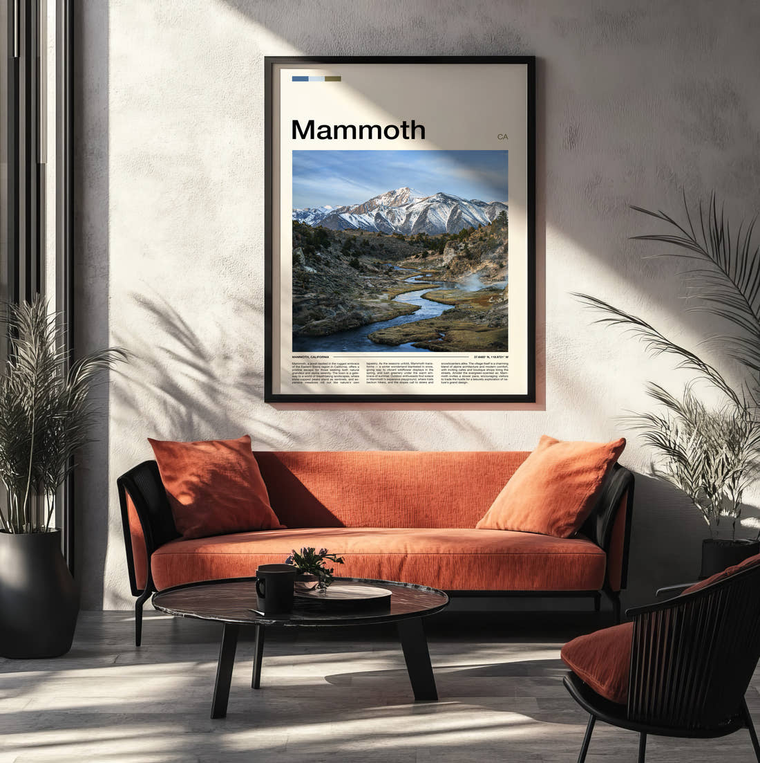 Mammoth Snowy Mountains And River Travel Print framed on the wall of a modern living room
