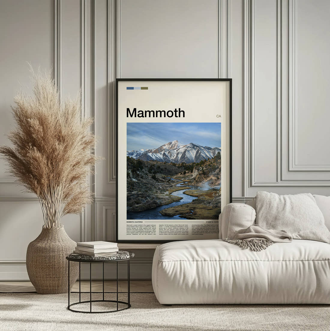 Mammoth Snowy Mountains And River Travel Print framed on the wall of a calm, neutral bedroom