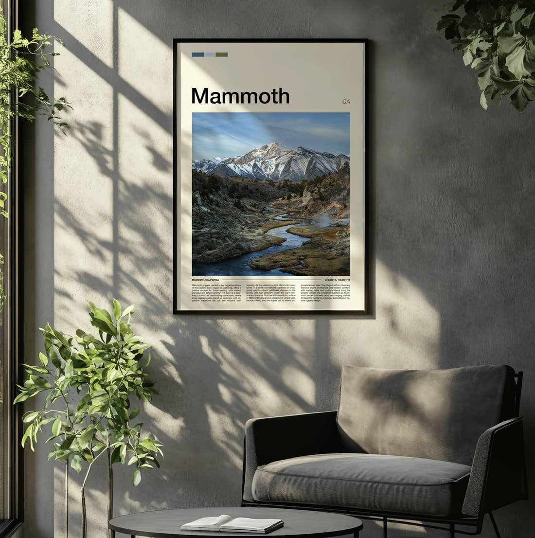 Mammoth Snowy Mountains And River Travel Print framed on the wall of a relaxed living room