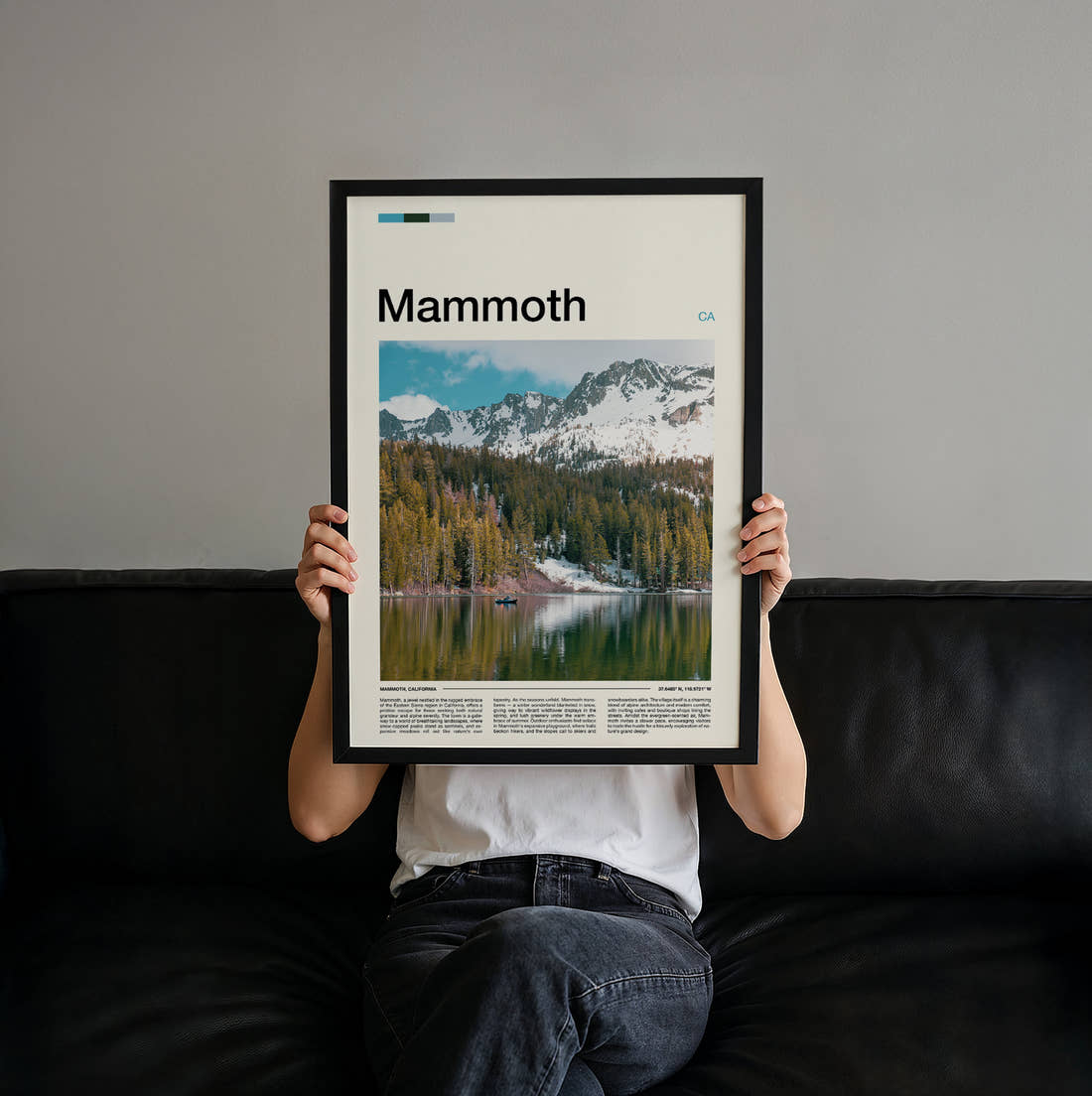 Mammoth Mountains Reflected In Lake Travel Print held up by hand to show the size of the print