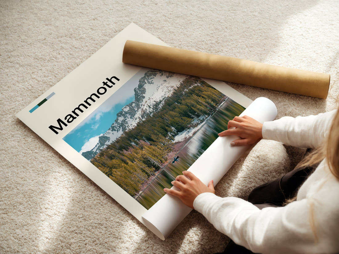 Mammoth Mountains Reflected In Lake Travel Print being unrolled from its postal tube