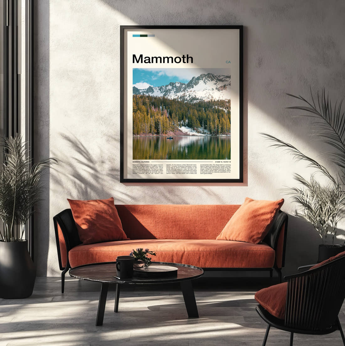 Mammoth Mountains Reflected In Lake Travel Print framed on the wall of a modern living room
