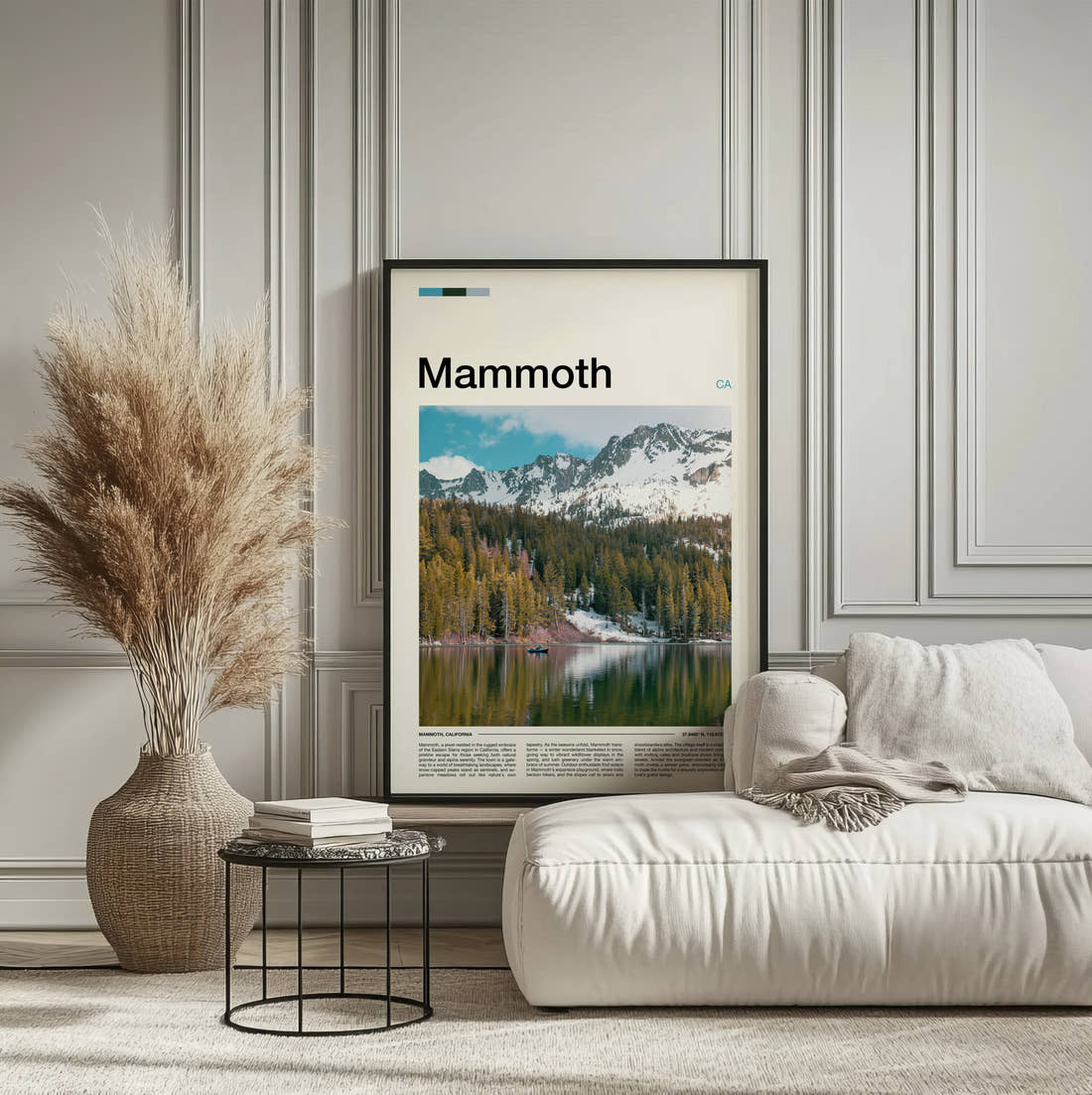 Mammoth Mountains Reflected In Lake Travel Print framed on the wall of a calm, neutral bedroom