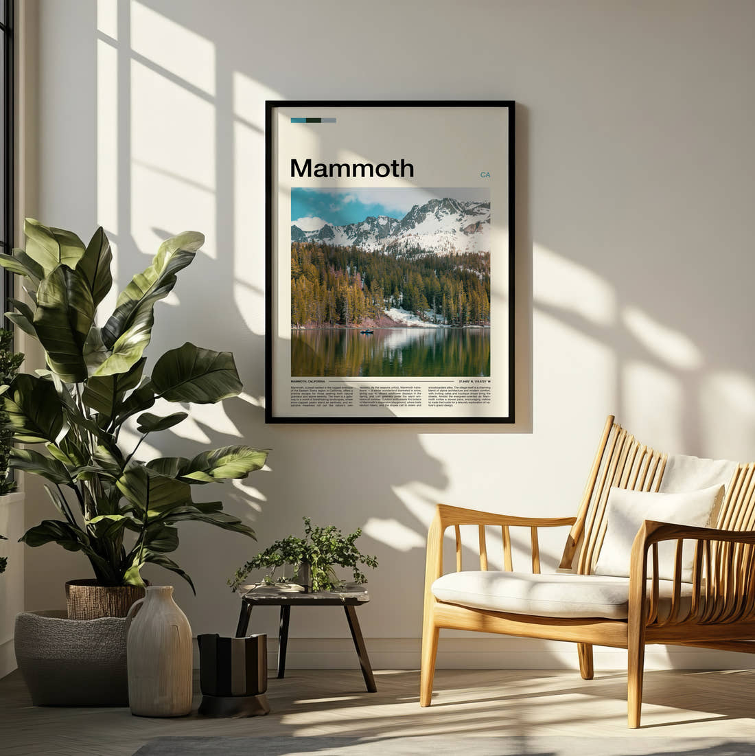 Mammoth Mountains Reflected In Lake Travel Print framed on a pale wall beside houseplants