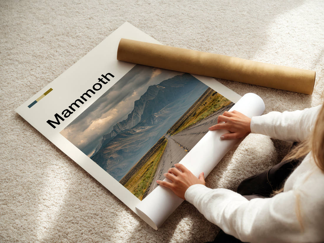 Mammoth Straight Road To Mountains Travel Print being unrolled from its postal tube
