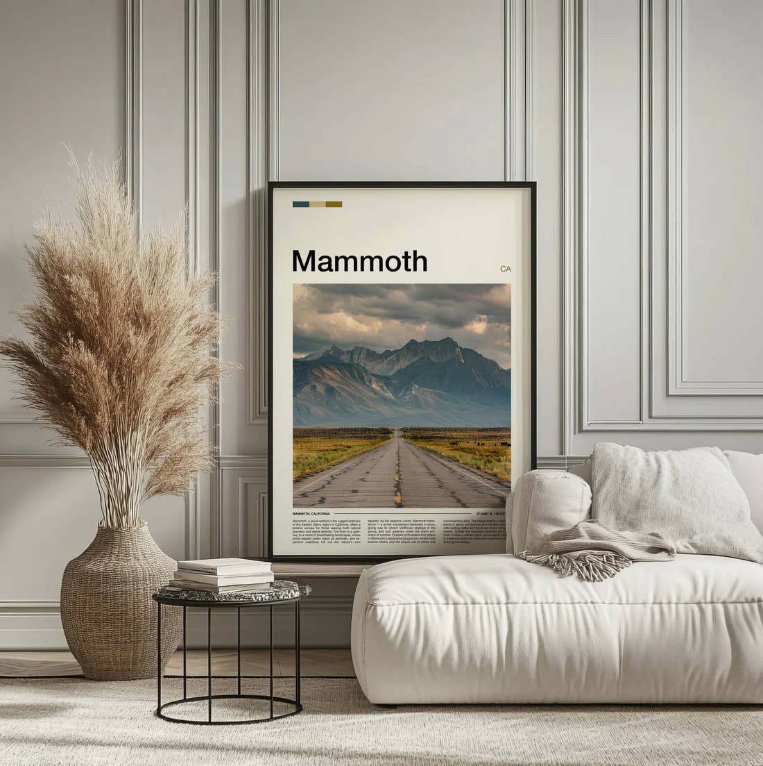 Mammoth Straight Road To Mountains Travel Print framed on the wall of a calm, neutral bedroom