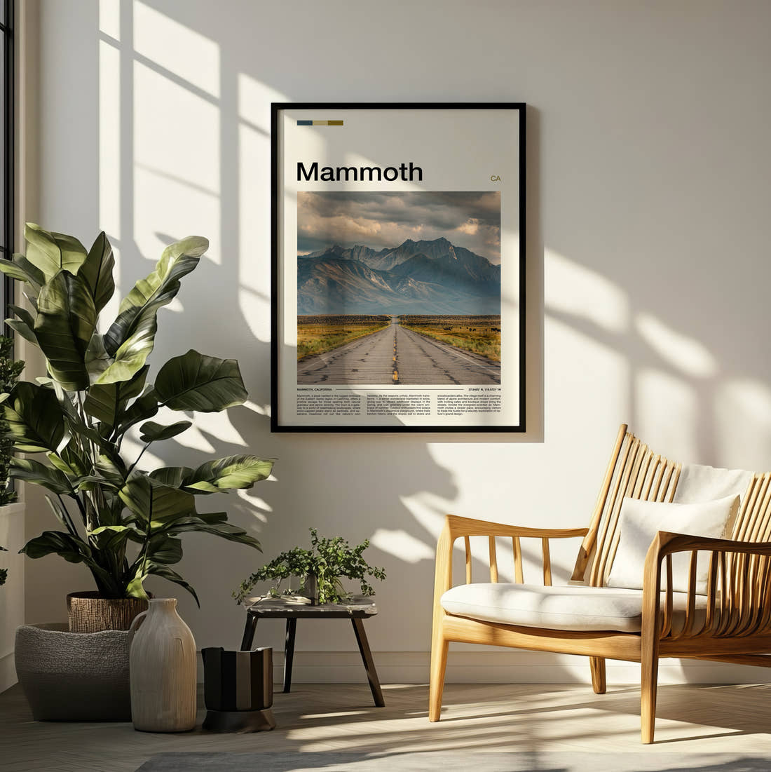 Mammoth Straight Road To Mountains Travel Print framed on a pale wall beside houseplants
