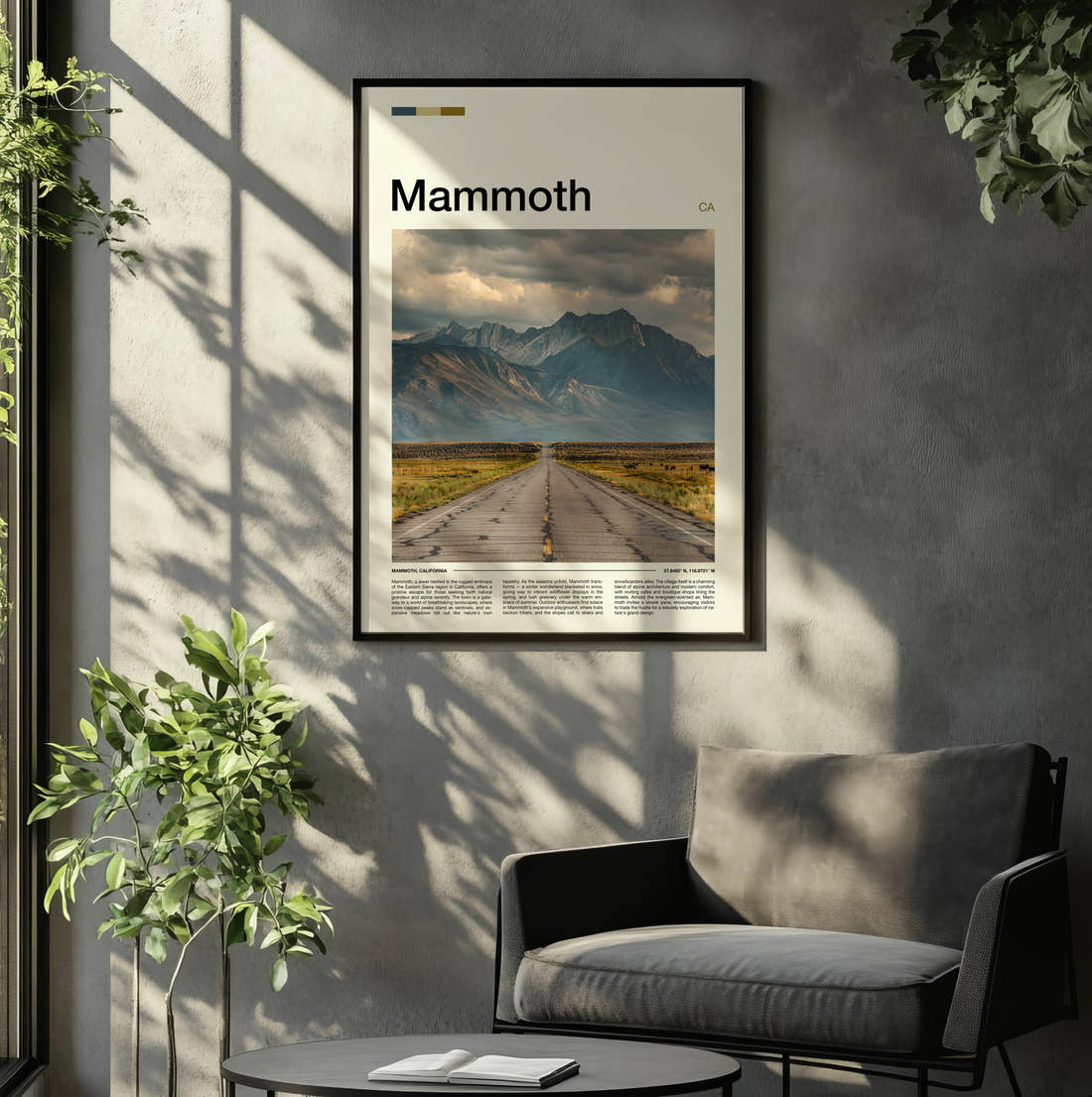 Mammoth Straight Road To Mountains Travel Print framed on the wall of a relaxed living room