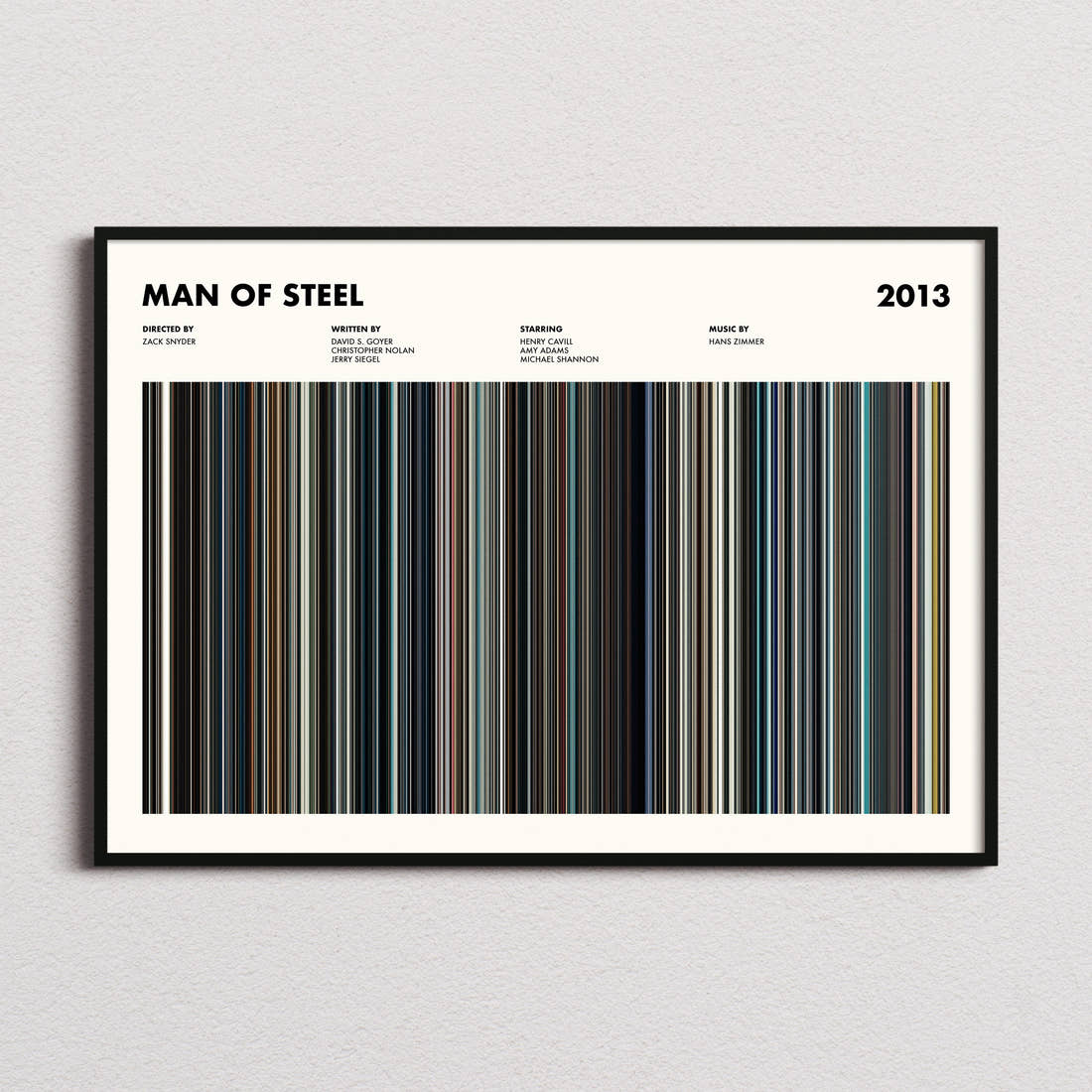 Man of Steel Movie Barcode Poster framed and photographed straight on