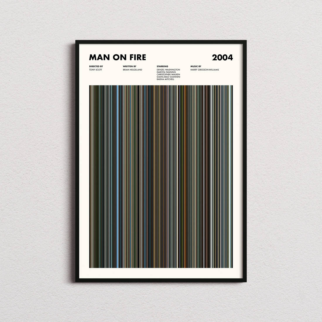 Man on Fire Movie Barcode Poster framed on a plain studio wall