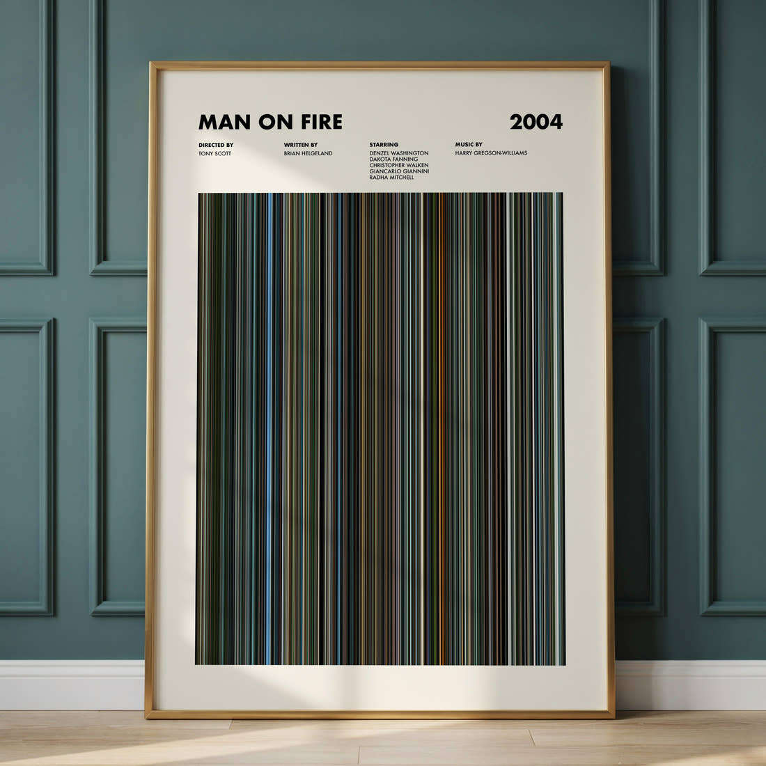 Man on Fire Movie Barcode Poster framed and leaning against a panelled wall