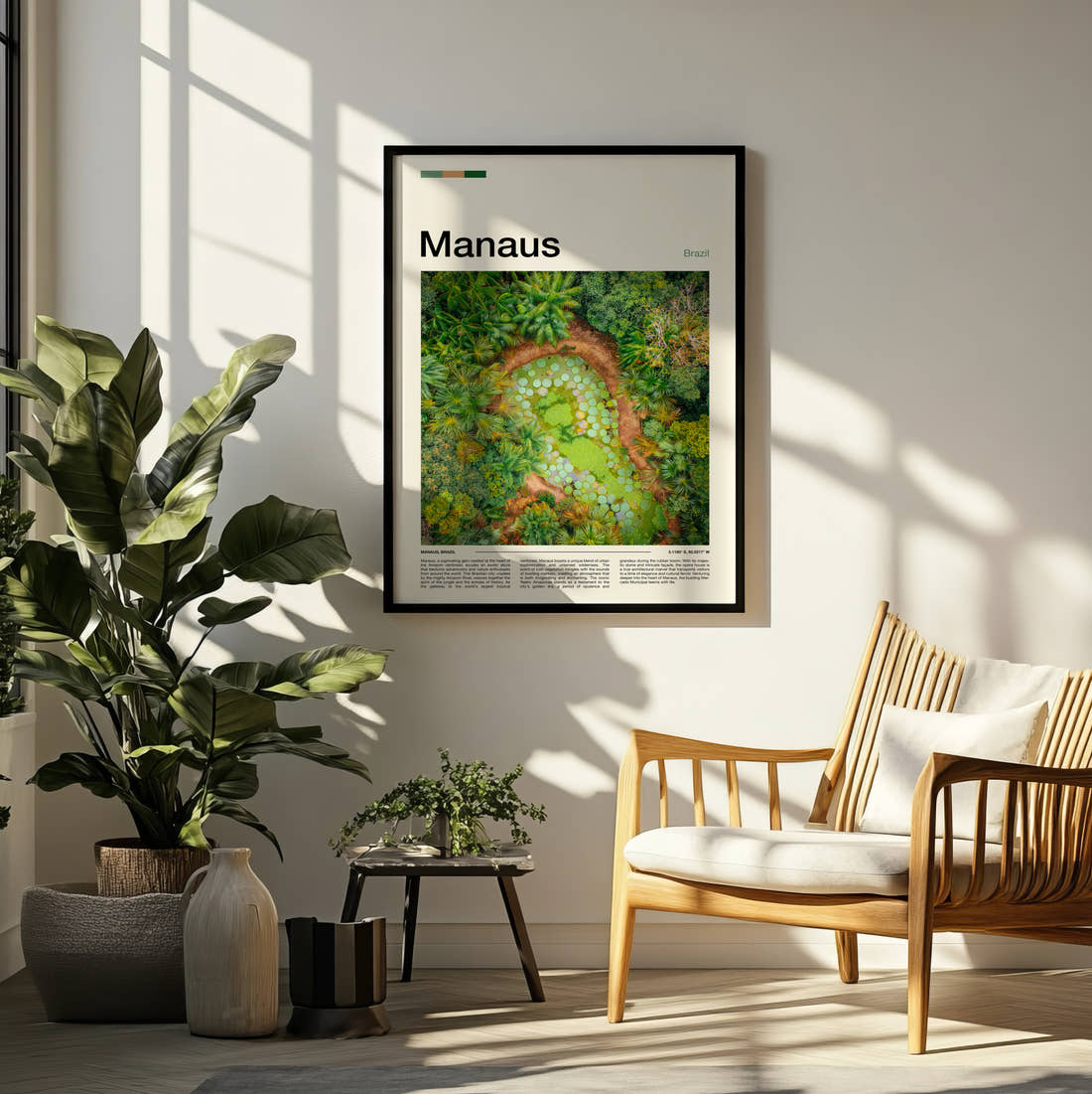 Manaus Aerial View Of Gardens Travel Print framed on a pale wall beside houseplants