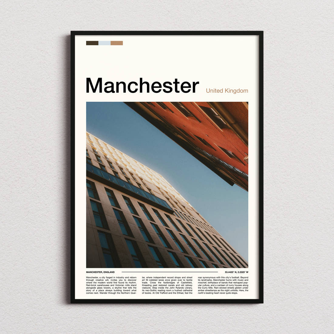 Manchester Upward Building Angle Travel Print framed and photographed straight on